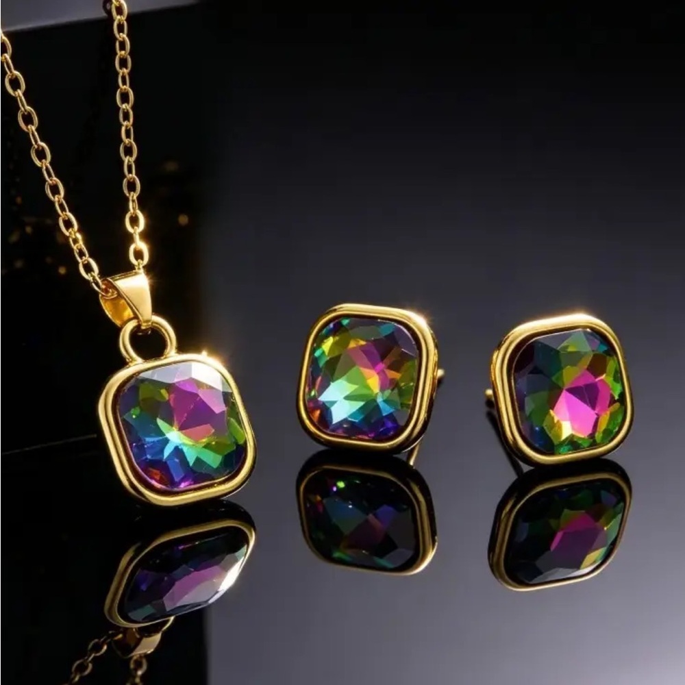Gold-Plated Mystic Crystal Pendant Necklace and Earring Set - Multicolor